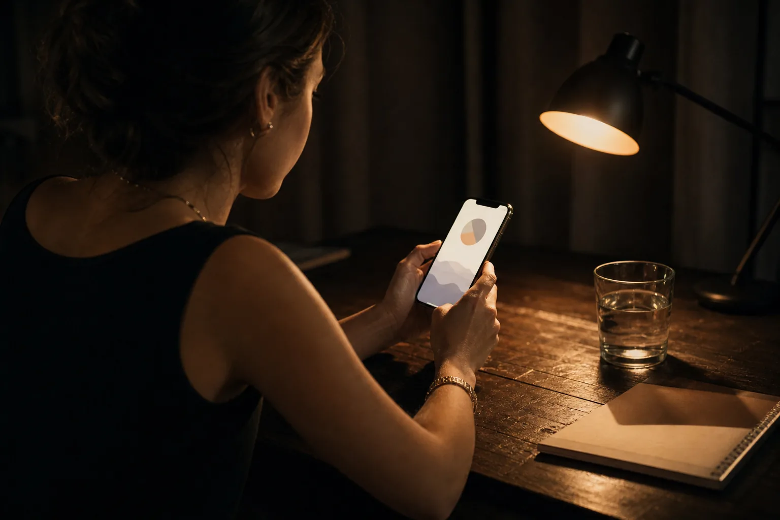 Creator at a table at night checking a weekly report on her phone