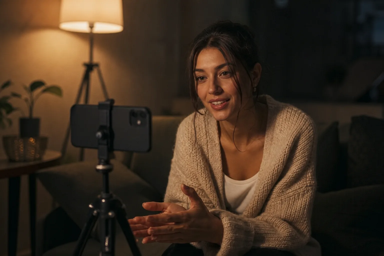 Creator in a knit cardigan recording a clip with her phone on a tripod by lamp light