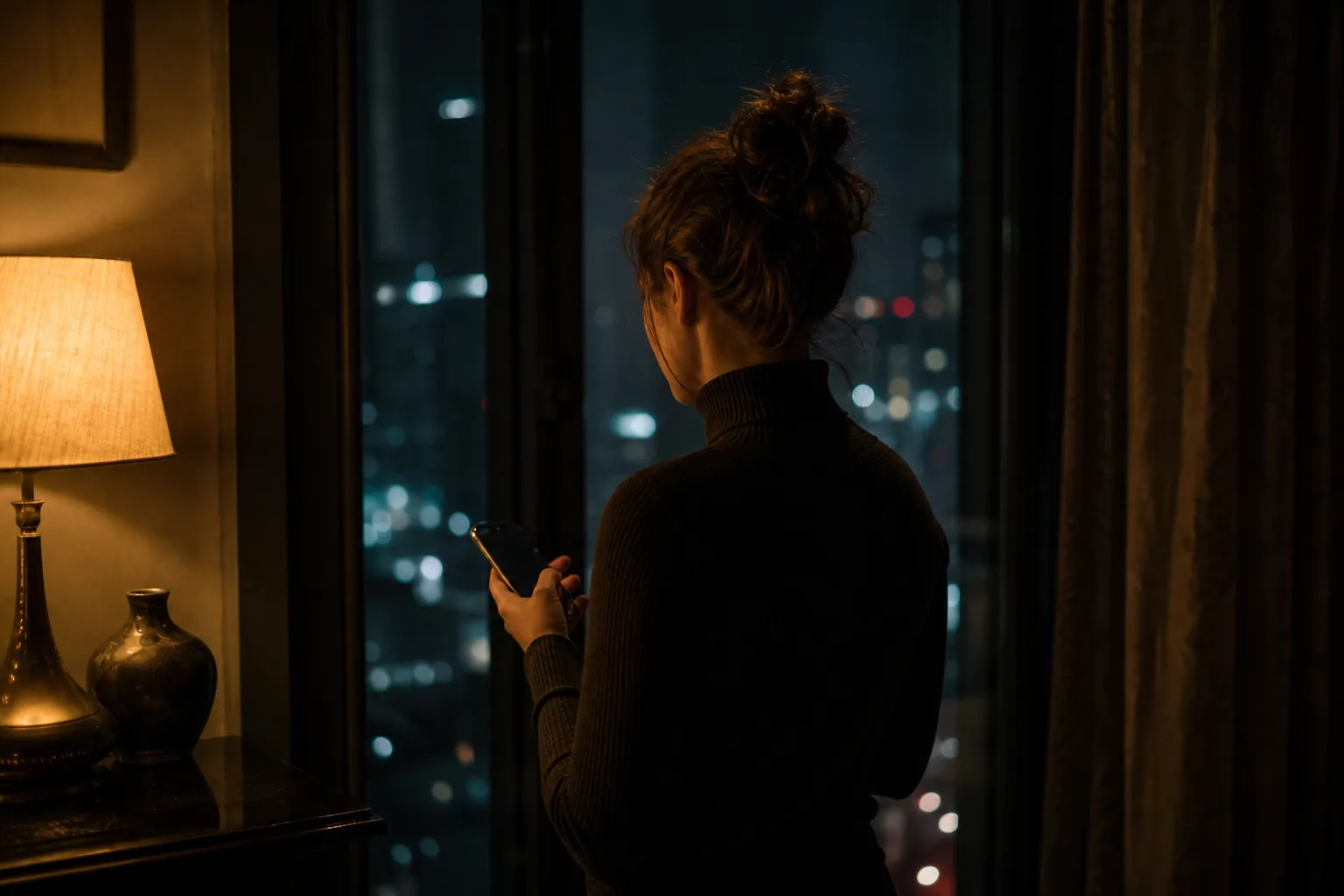 Creator seen from behind at a window at night, face out of frame, phone in hand