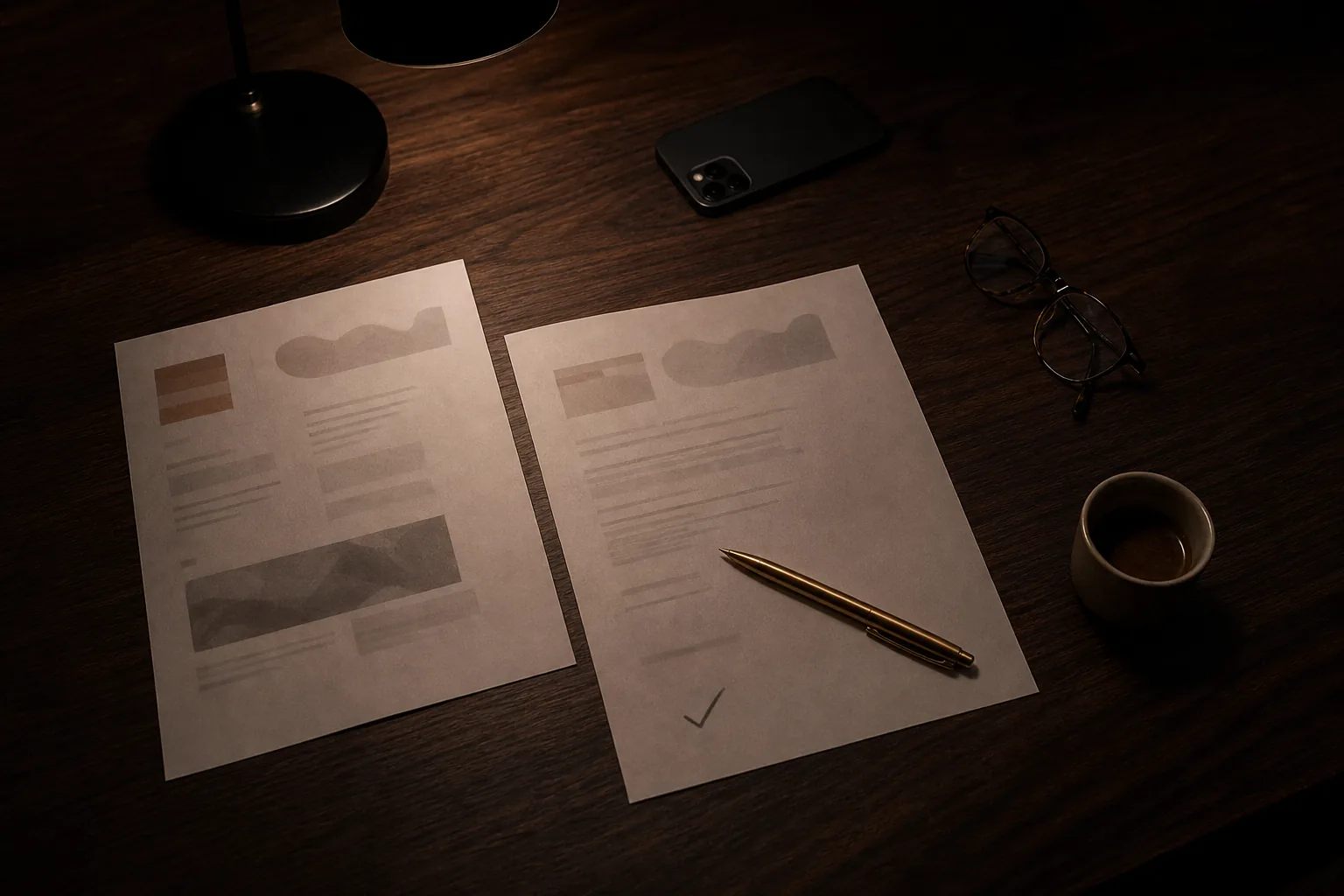 Two printed offers side by side on a dark table, a woman's hand marking one with a pen