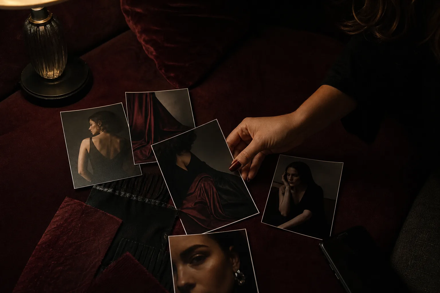 Creator choosing between printed profile photos laid out on a dark velvet sofa