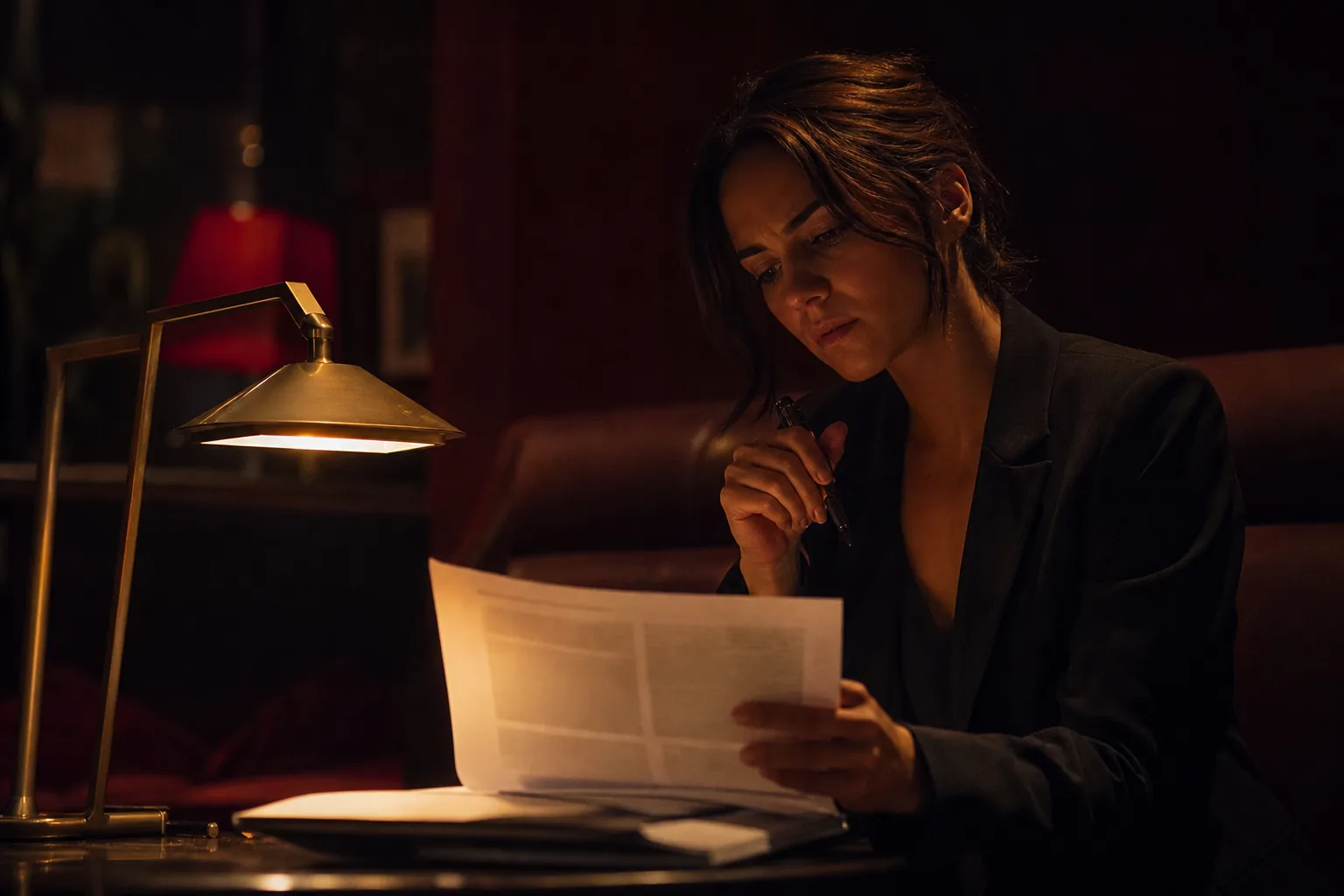 Creator reading a contract on paper by lamp light, pen in hand