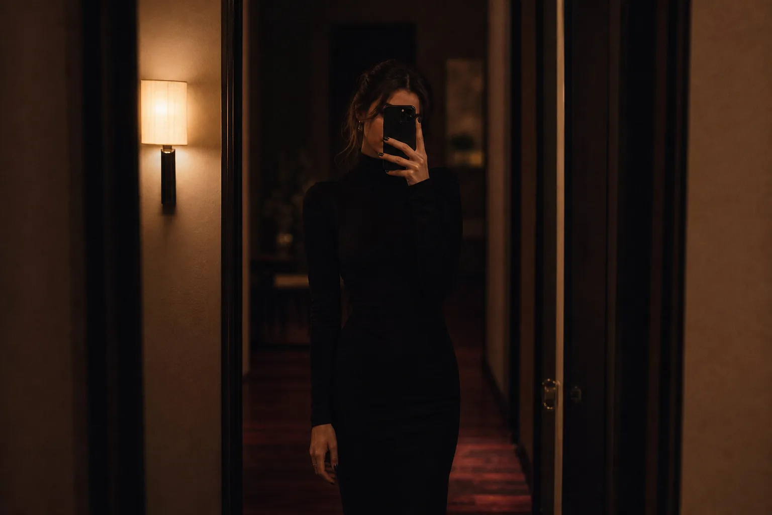 Creator filming a safe for work teaser in a hallway mirror with her phone
